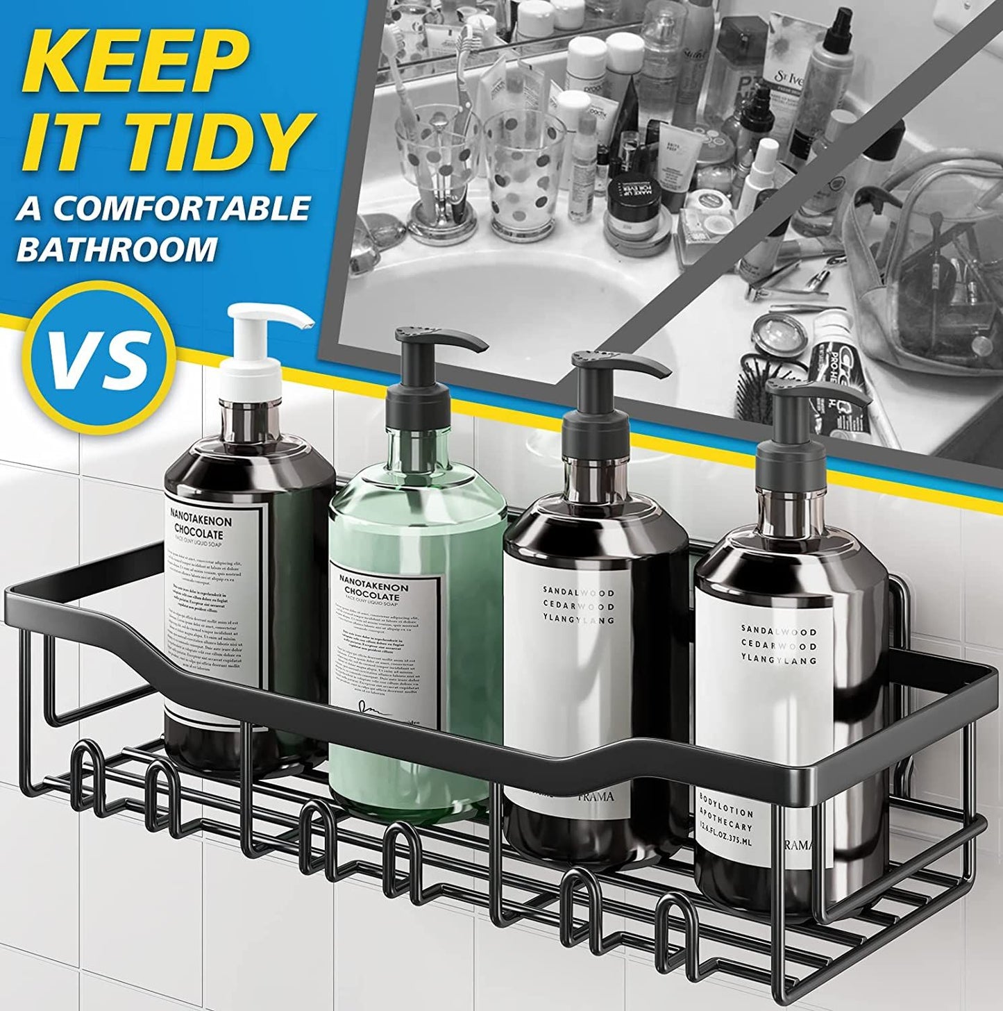 No-Drill Wall Mounted Bathroom Shelf with Black Stylish Finish