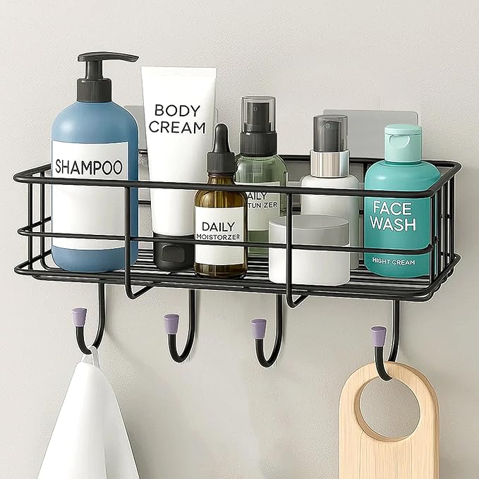 No-Drill Wall Mounted Bathroom Shelf with Black Stylish Finish
